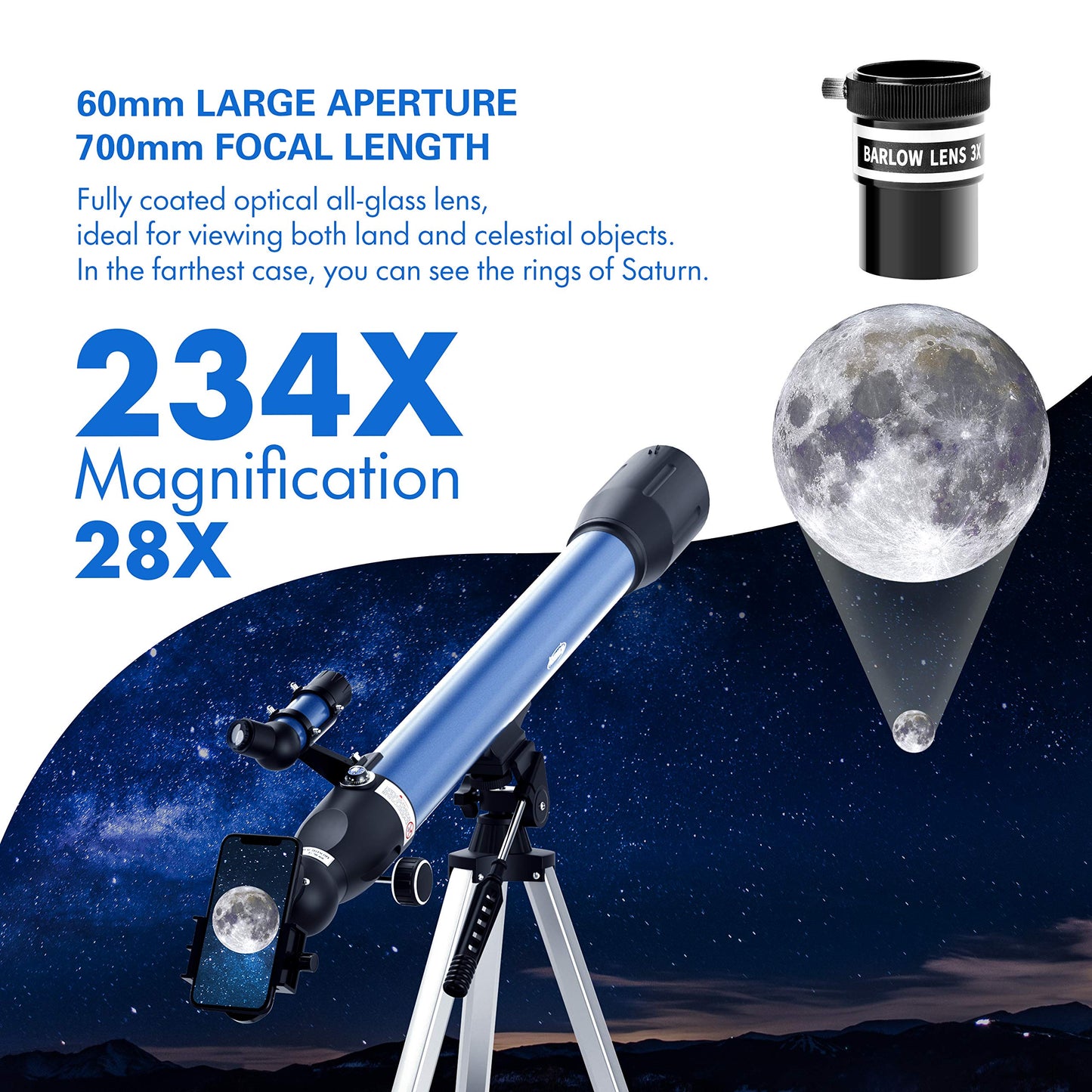 234X Telescope High Power for Moon Watching with Mobile Holder Carrying Bag Gift